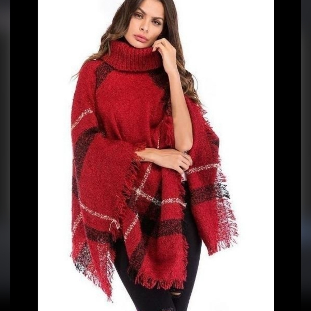 SALE! PLAID Poncho Sweater Turtleneck Jacket Cape Fringe Bottom Red NEW!